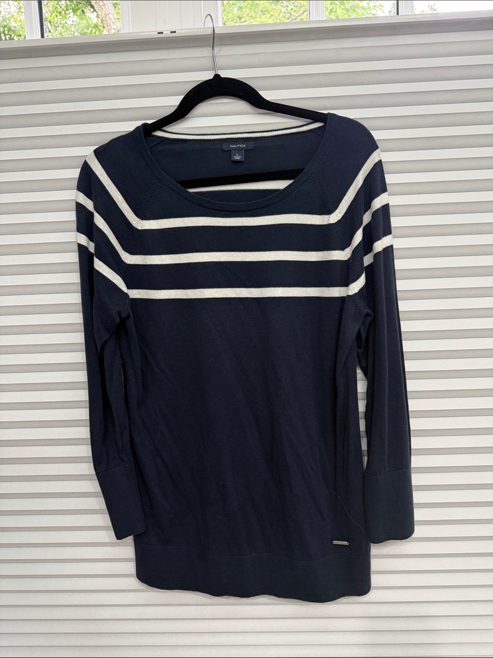 Nautica Navy Long-Sleeve Boatneck Cotton Sweater with White Stripes NWOT